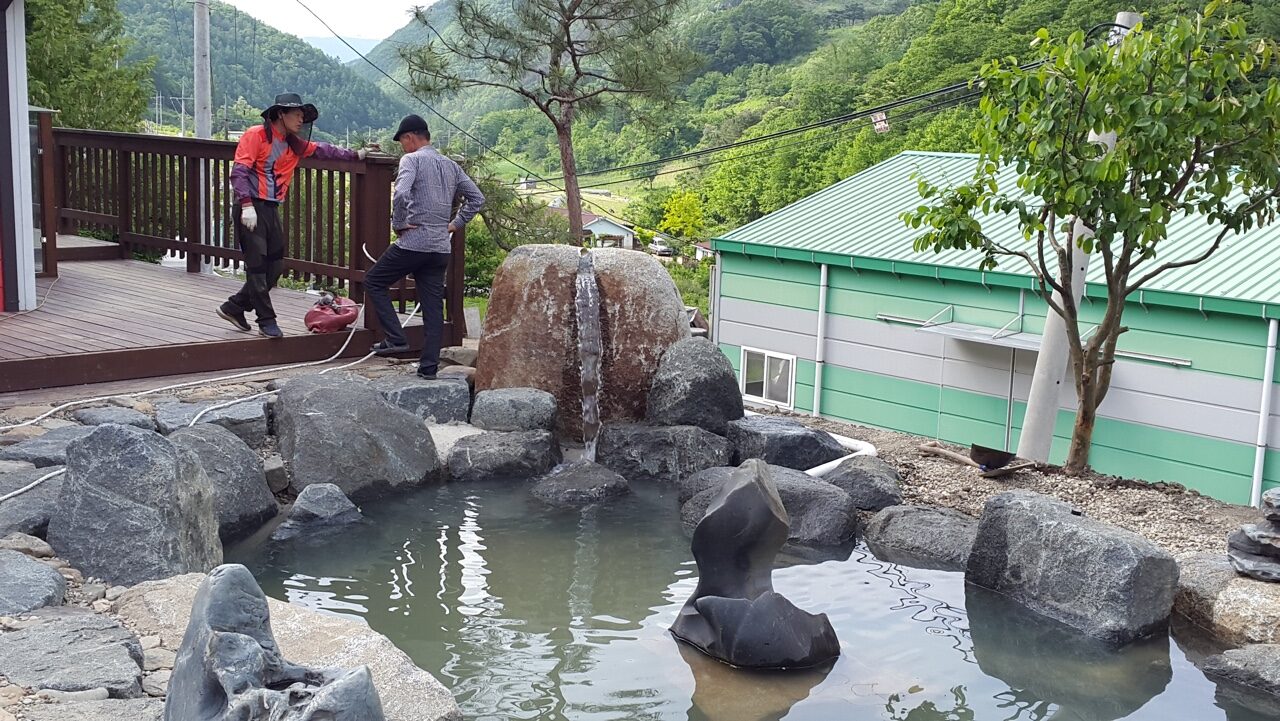 완성 연못 — 가족 정원 뷰 - 주거 공간과 어우러지는 연못 풍경