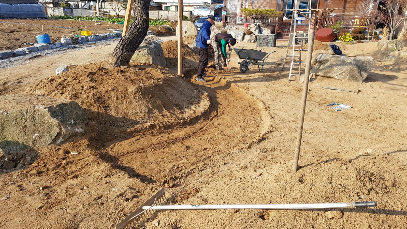 조경 부지 곡선 동선 토목 정지 작업 진행 중 - 노송 식재